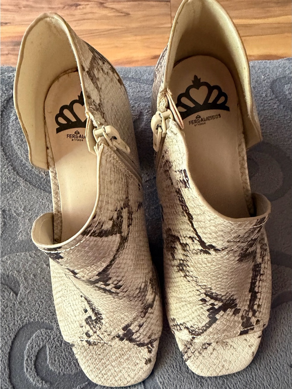 Fergalicious Beige Snake-Print Mules